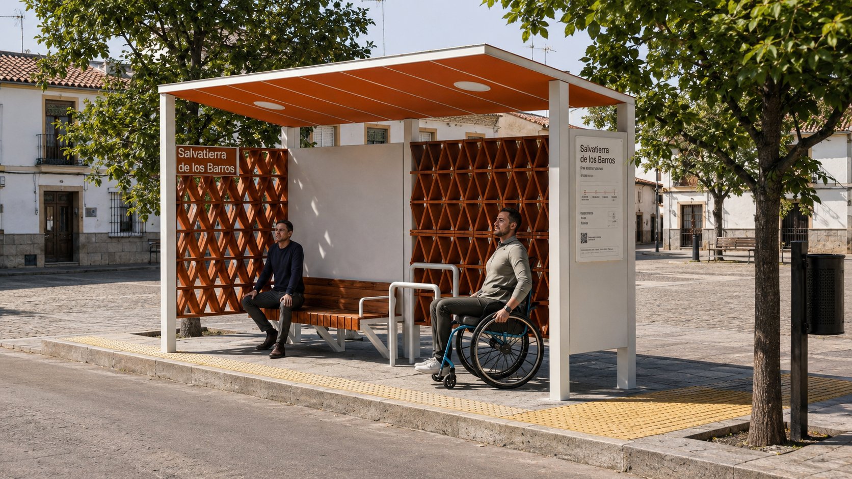 Render fotorrealista de la parada de Salvatierra de los Barros con dos personas usuarias: una sentada en el banco y otra en silla de ruedas en la plataforma de embarque.